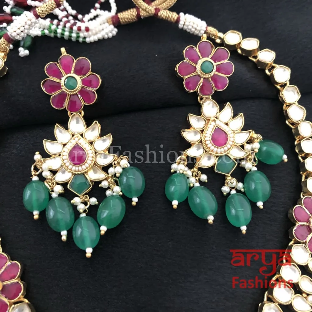 Bridal Emerald Green Ruby Kundan Bridal Necklace with Earrings