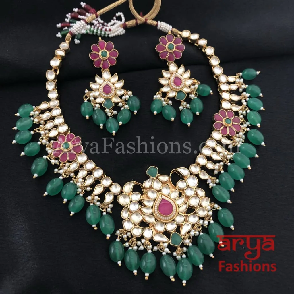 Bridal Emerald Green Ruby Kundan Bridal Necklace with Earrings