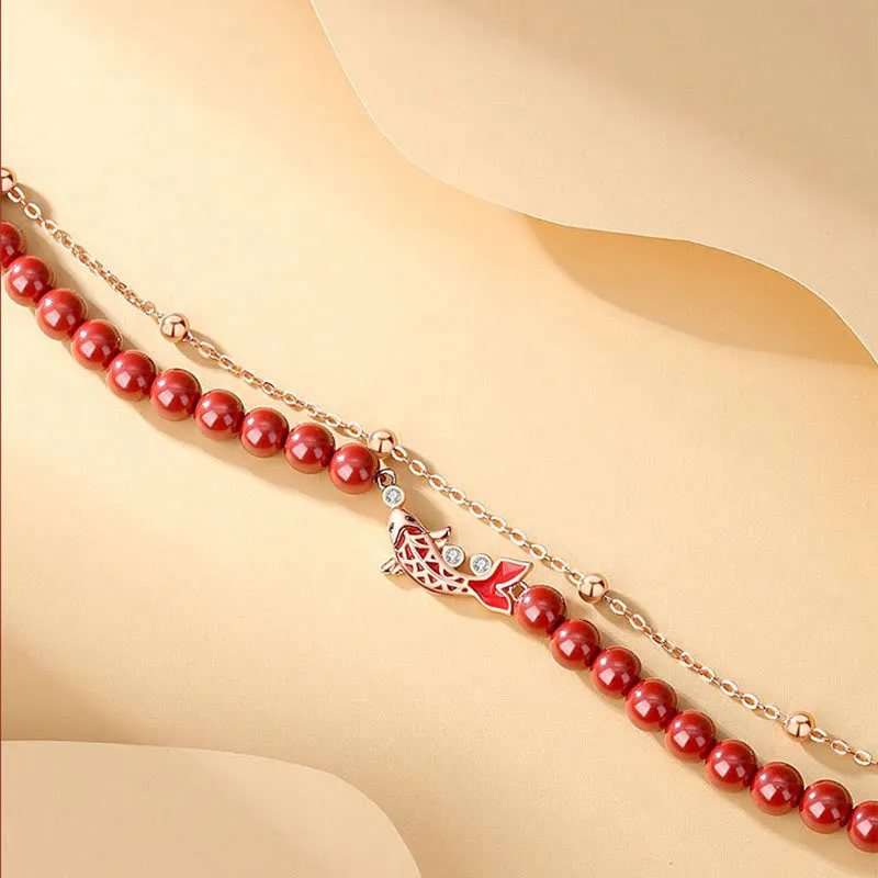 Buddha Stones 925 Sterling Silver Lucky Koi Fish Cinnabar Zircon Prosperity Double Layer Chain Bracelet