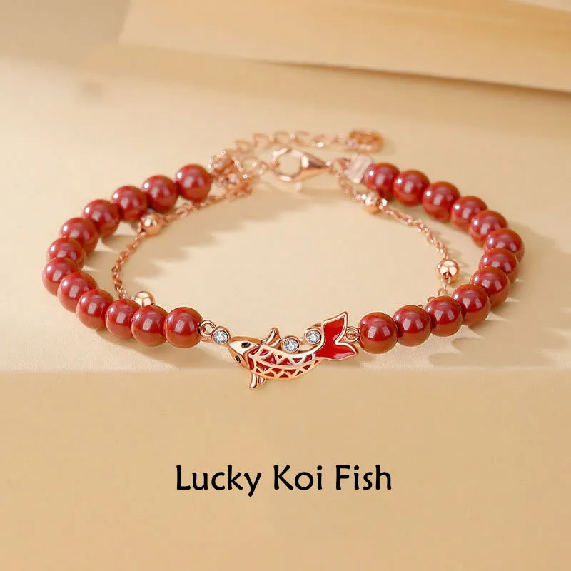 Buddha Stones 925 Sterling Silver Lucky Koi Fish Cinnabar Zircon Prosperity Double Layer Chain Bracelet