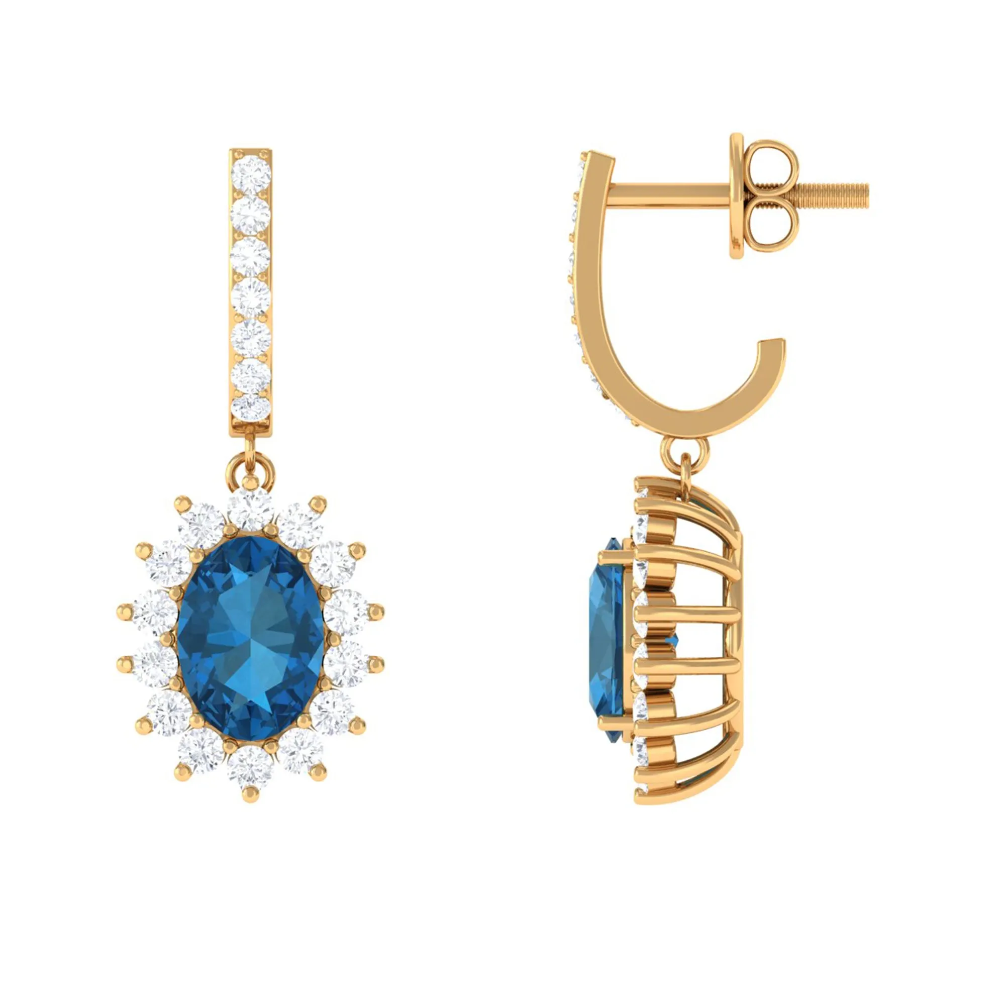 Certified London Blue Topaz and Diamond J Hoop Drop Earrings
