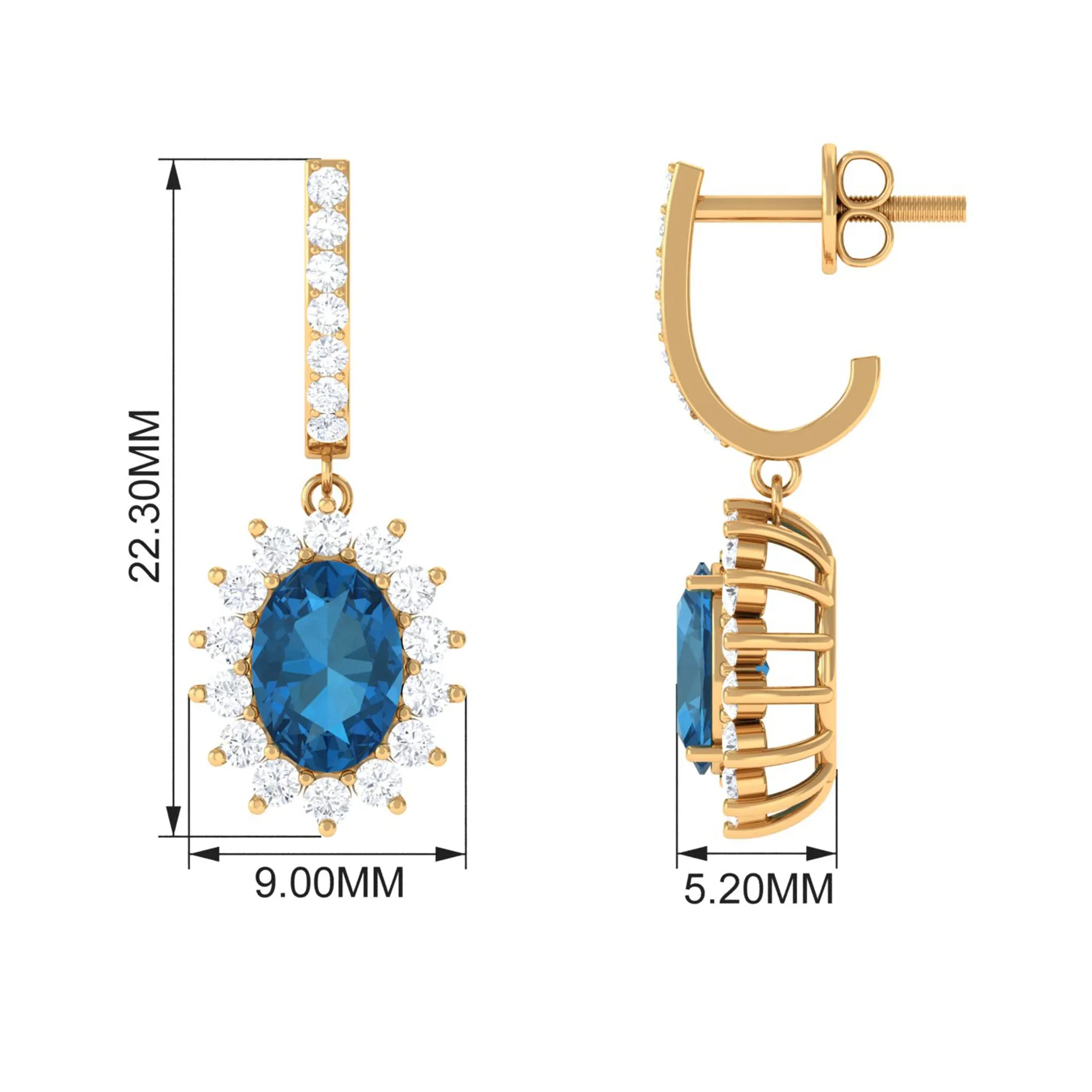 Certified London Blue Topaz and Diamond J Hoop Drop Earrings