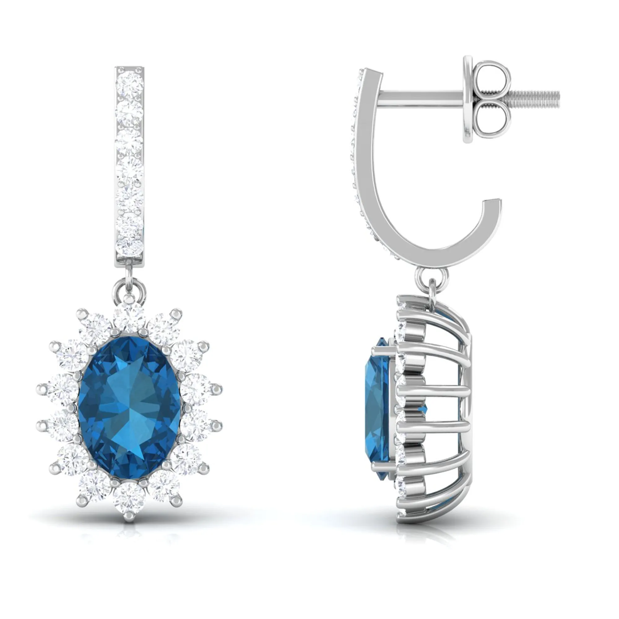Certified London Blue Topaz and Diamond J Hoop Drop Earrings