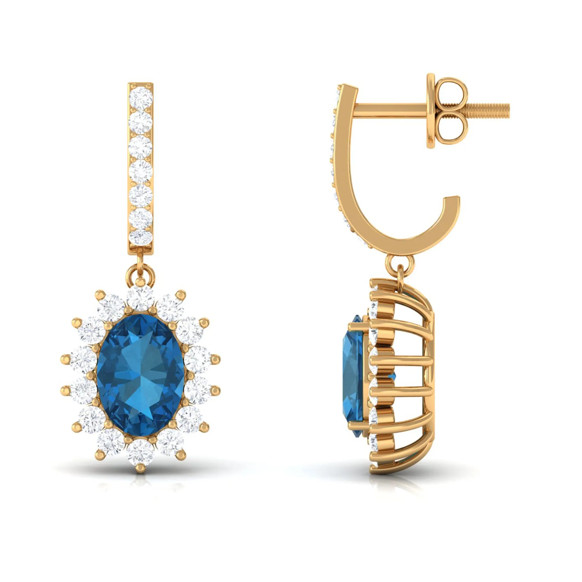 Certified London Blue Topaz and Diamond J Hoop Drop Earrings