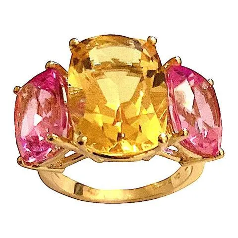 Citrine and Peridot Yellow Gold Three-Stone Cushion Ring