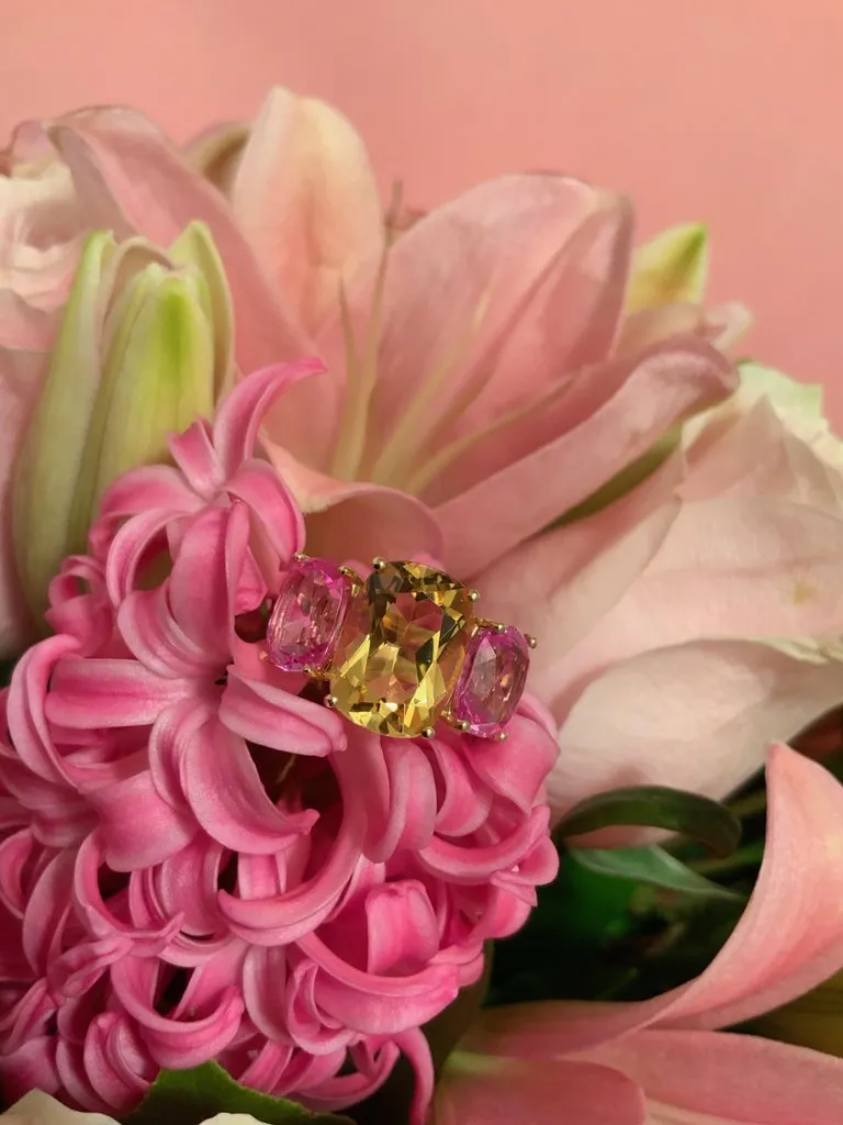 Citrine and Peridot Yellow Gold Three-Stone Cushion Ring