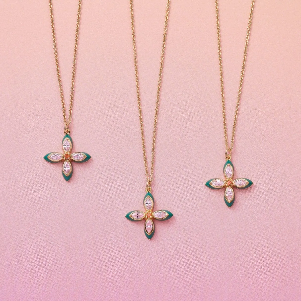 Clover Emerald Enamel and Blush CZ Necklace Gold