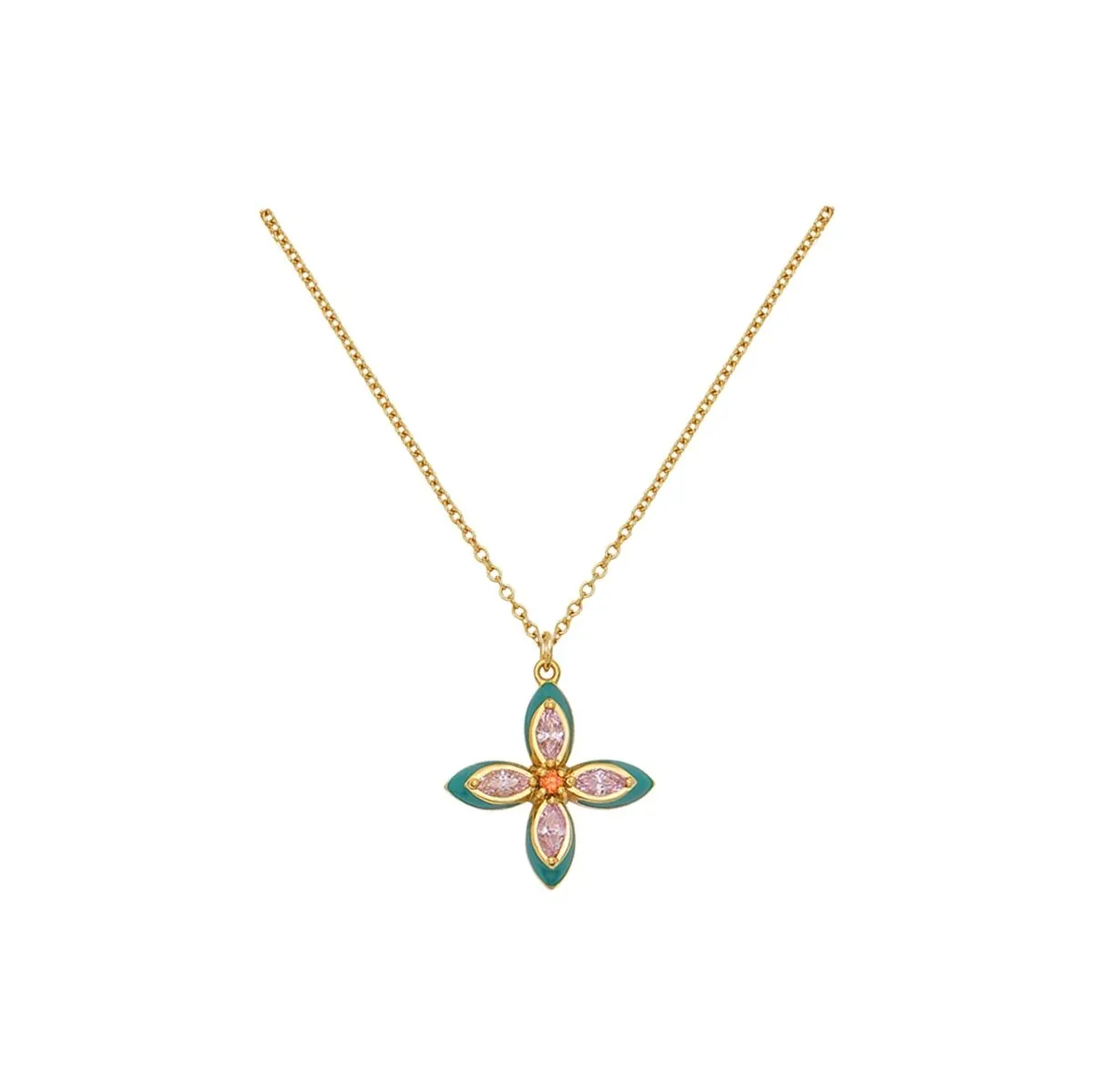 Clover Emerald Enamel and Blush CZ Necklace Gold
