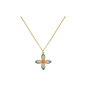 Clover Emerald Enamel and Blush CZ Necklace Gold