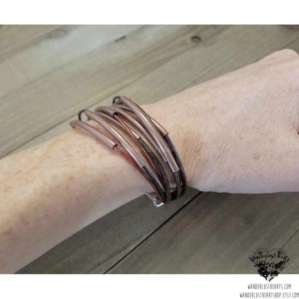 Copper leather layer bracelet