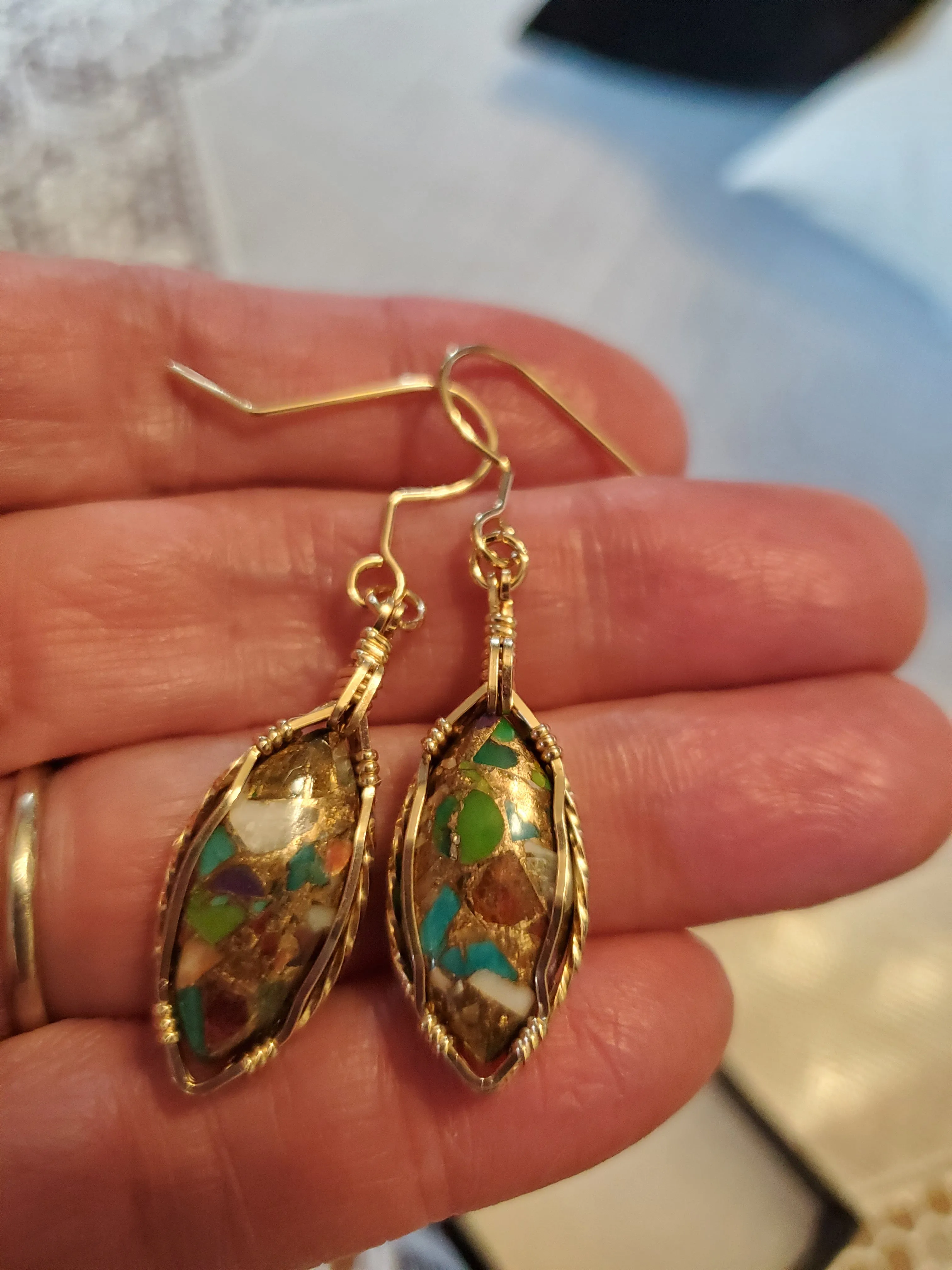Custom Wire Wrapped Turquoise Oyster & Copper  Earrings 14Kgf
