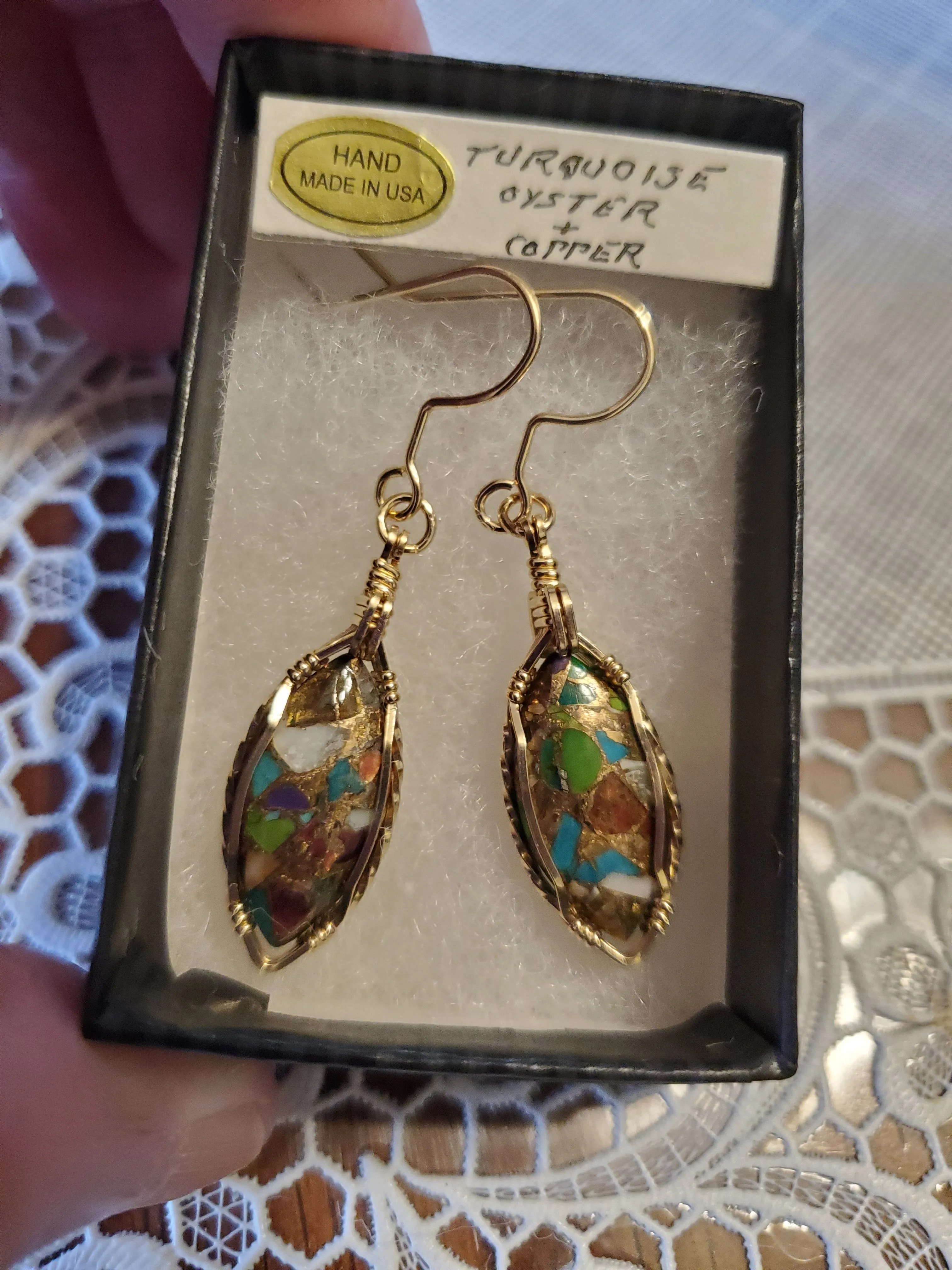 Custom Wire Wrapped Turquoise Oyster & Copper  Earrings 14Kgf