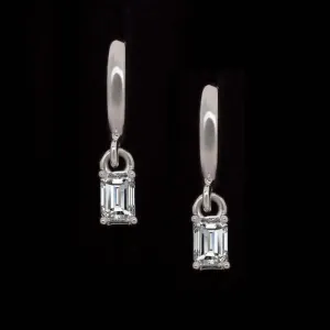 DIAMOND DROP EARRINGS HUGGIE HOOP CHARM EMERALD CUT MINIMALIST 14k WHITE GOLD