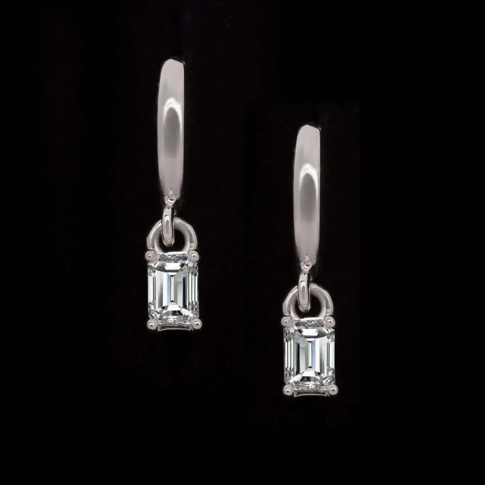 DIAMOND DROP EARRINGS HUGGIE HOOP CHARM EMERALD CUT MINIMALIST 14k WHITE GOLD