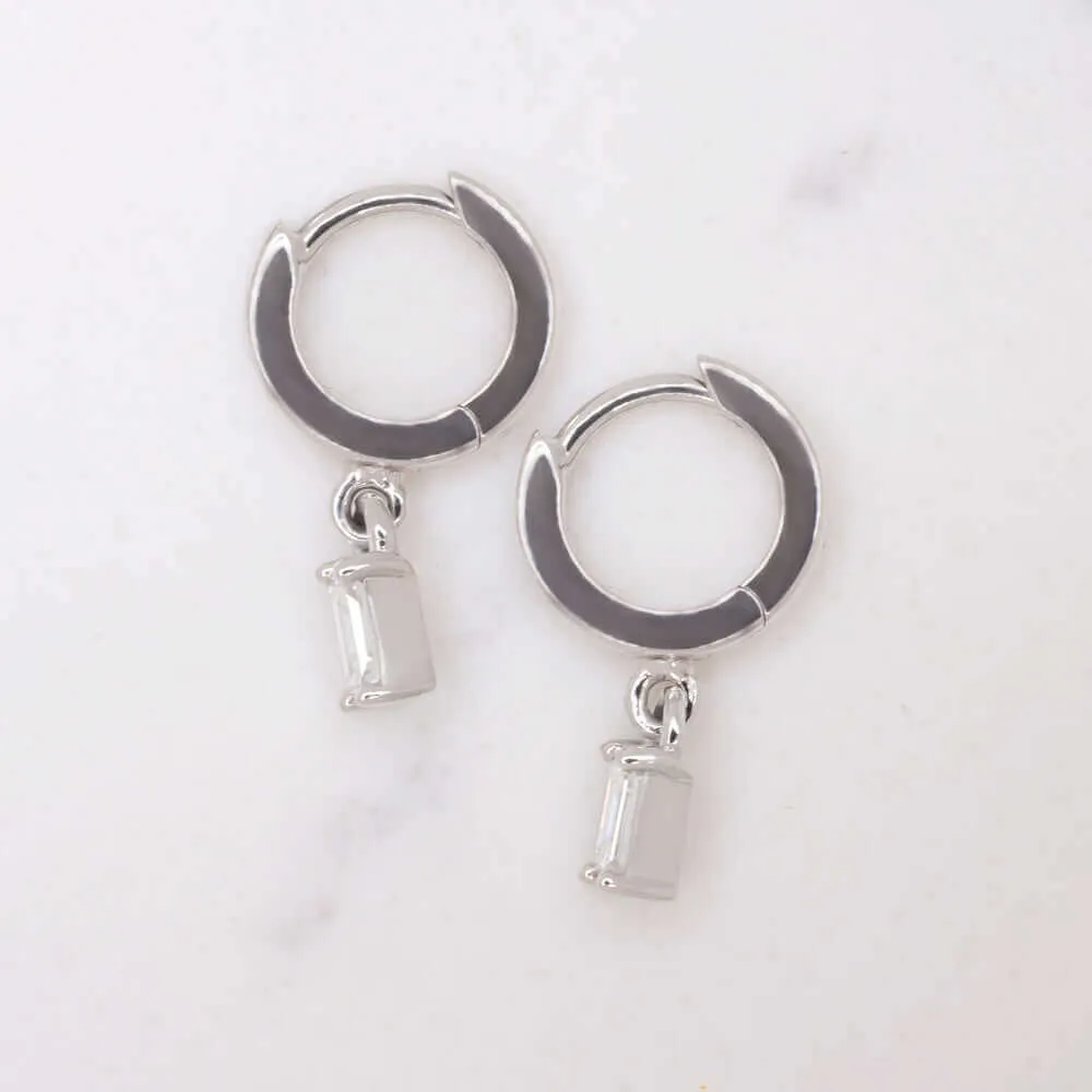 DIAMOND DROP EARRINGS HUGGIE HOOP CHARM EMERALD CUT MINIMALIST 14k WHITE GOLD