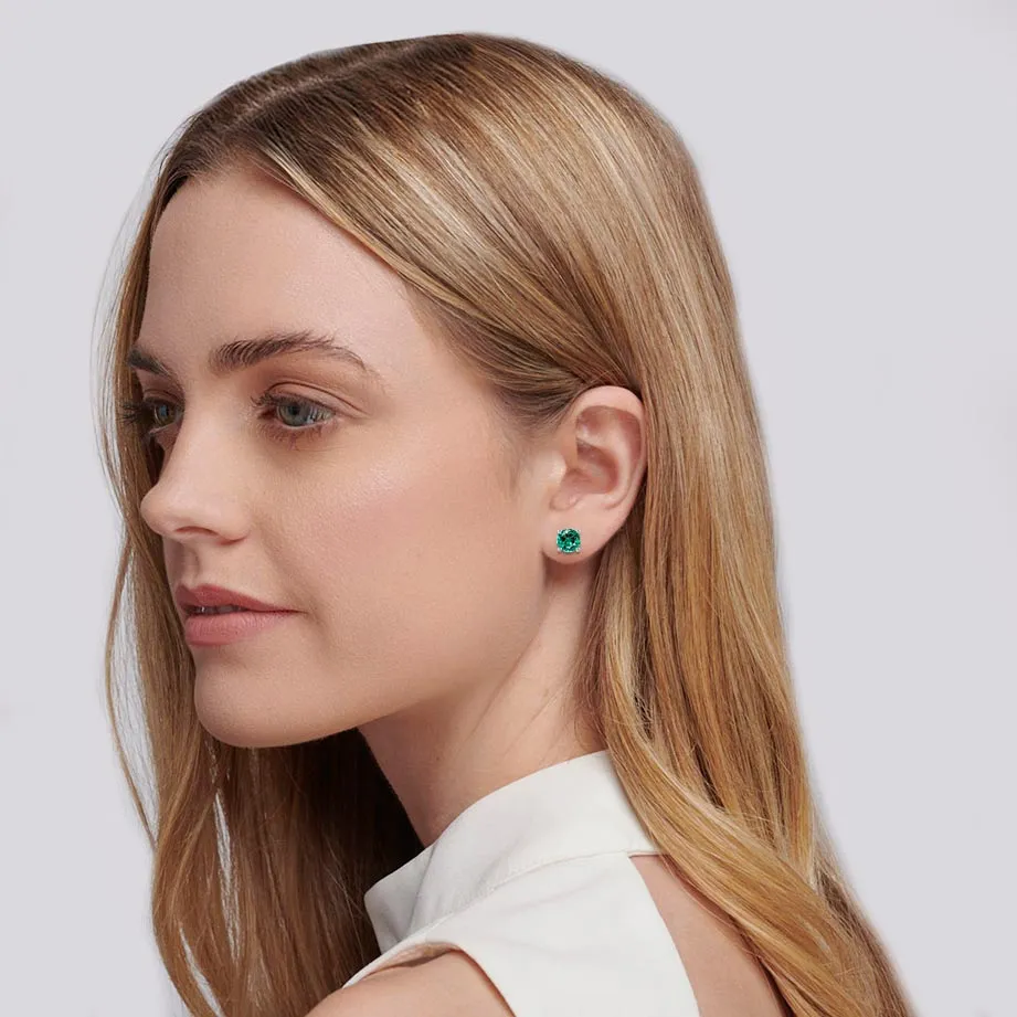 DOVE - Round Emerald Platinum Stud Earrings
