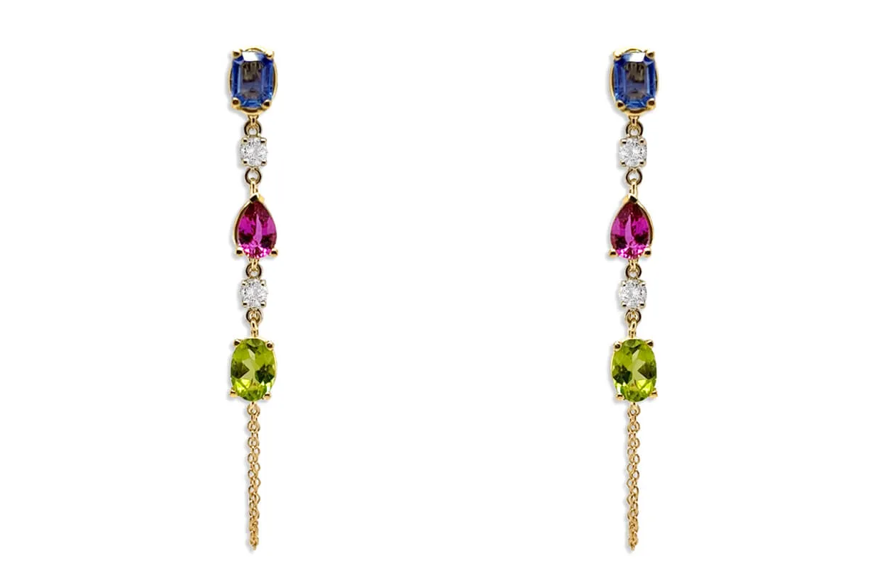 Earrings 18kt Gold Gemstones Studs Chain & Diamonds Drop