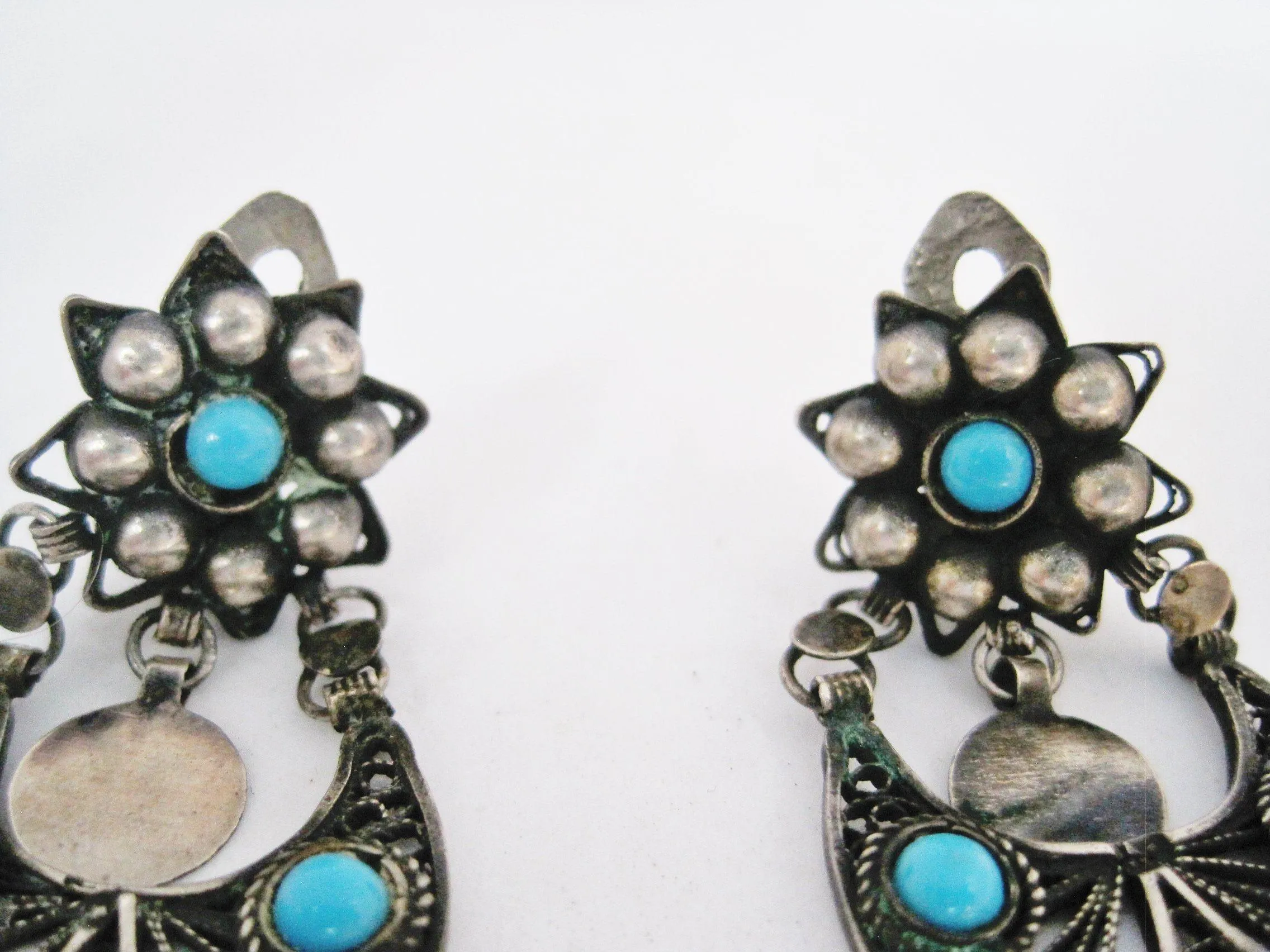 Egyptian Chandelier Silver Earrings with Clip On Mechanism