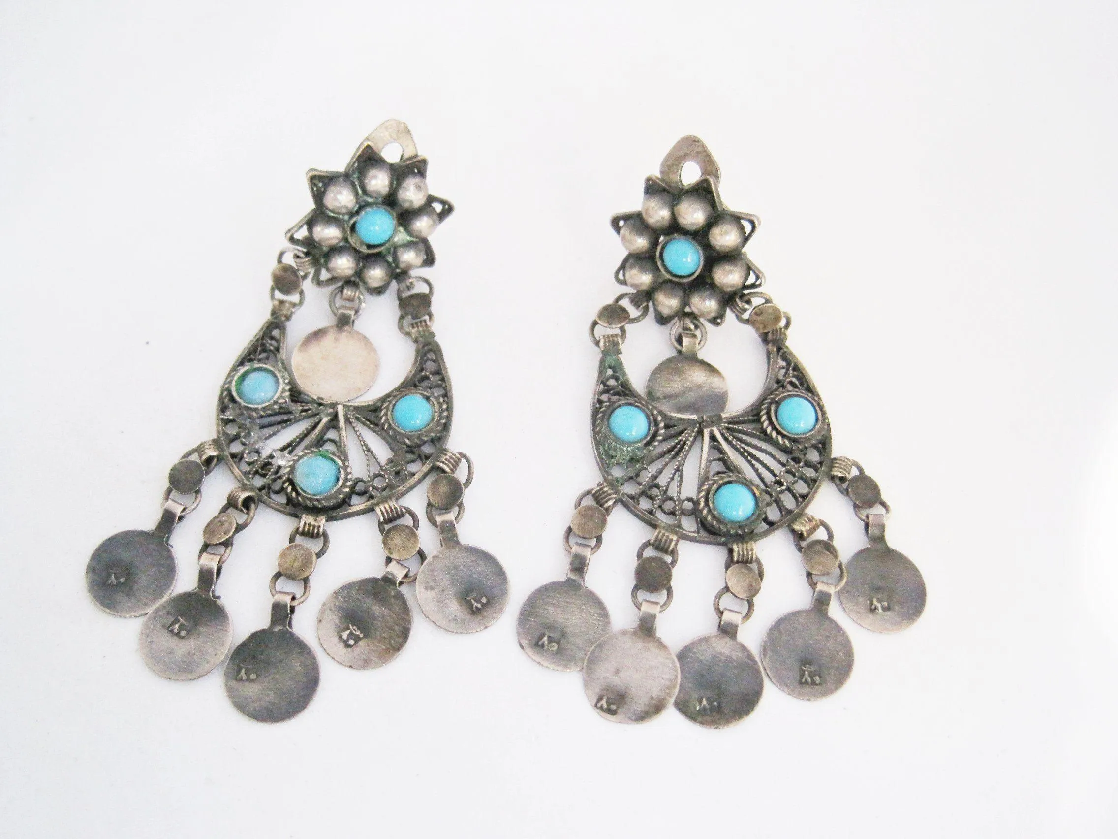 Egyptian Chandelier Silver Earrings with Clip On Mechanism