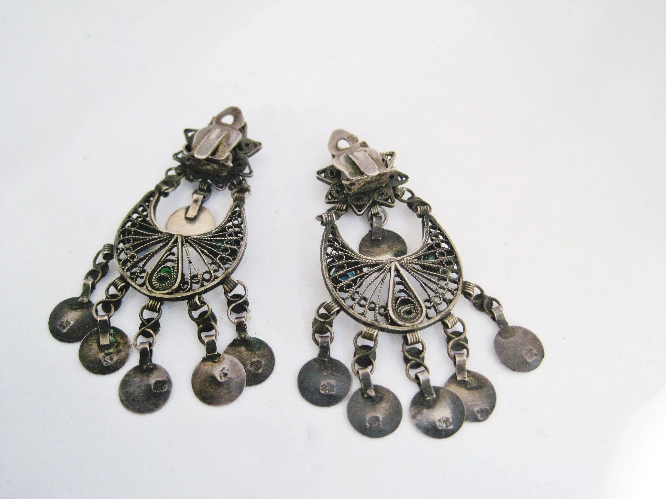 Egyptian Chandelier Silver Earrings with Clip On Mechanism