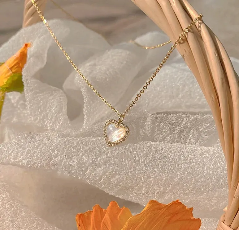 Elegant Gold Heart Shaped Opal Necklace and Shimmering Chain