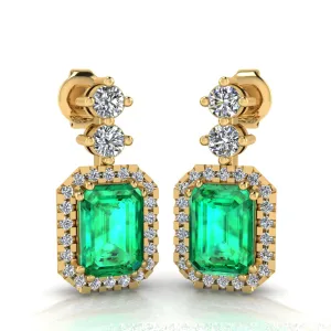 Emerald Cut 1 Carat Emerald Natural Diamond Halo Drop Earrings E1ECE