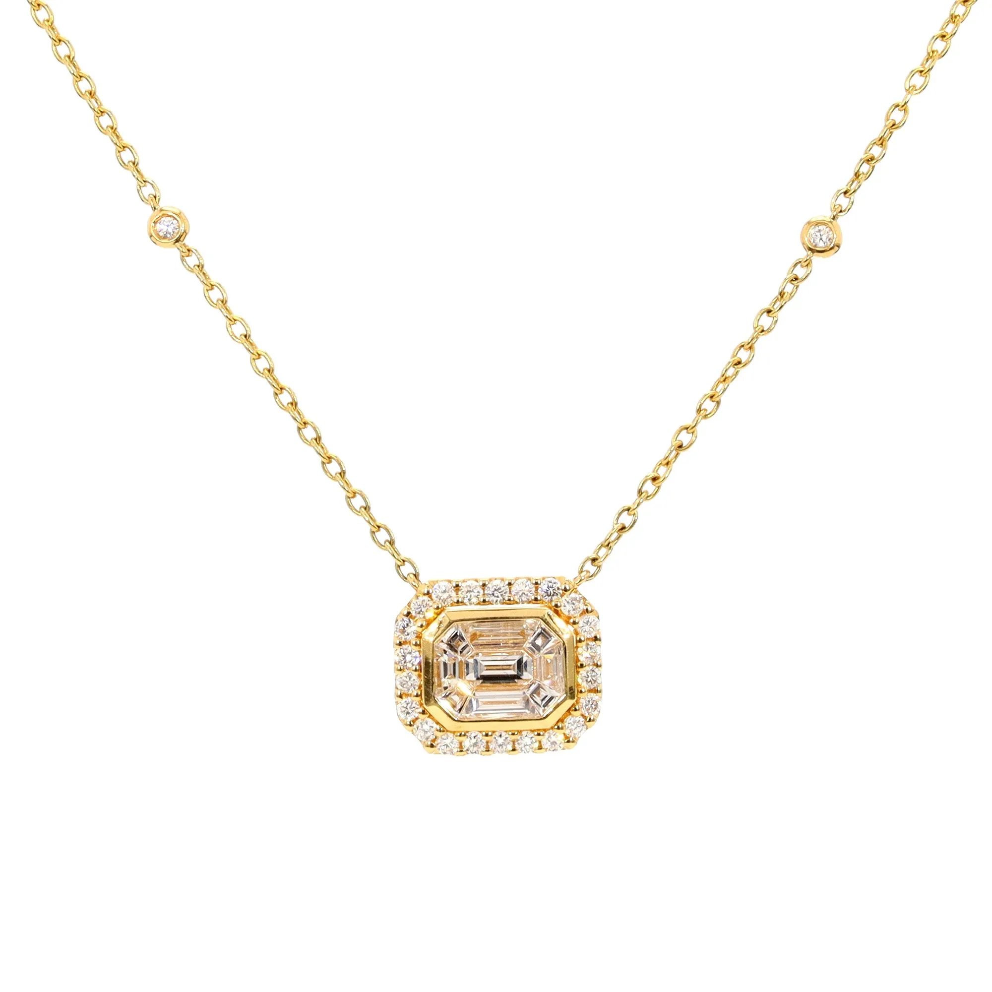 Emerald-Cut Diamond Halo Station Necklace