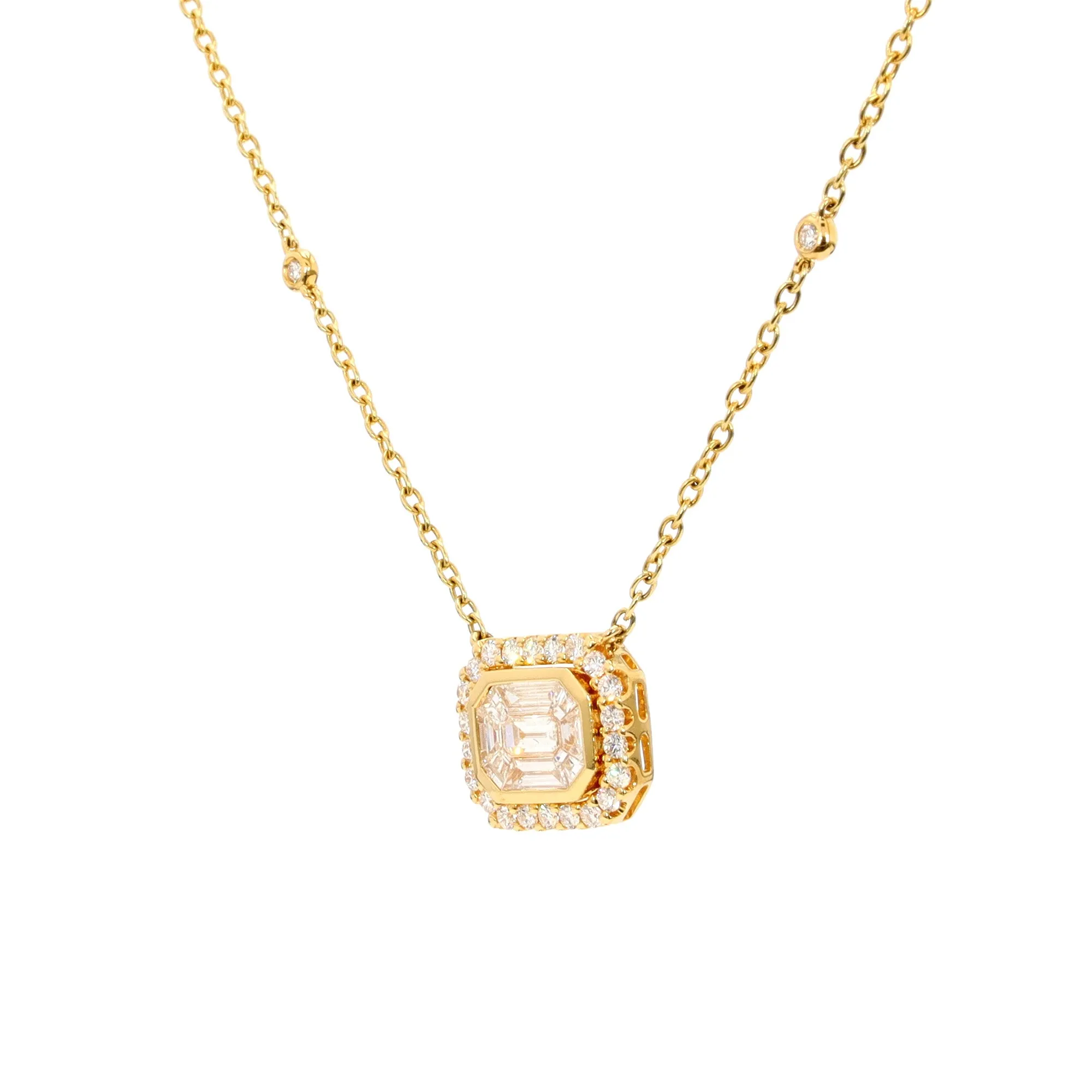 Emerald-Cut Diamond Halo Station Necklace