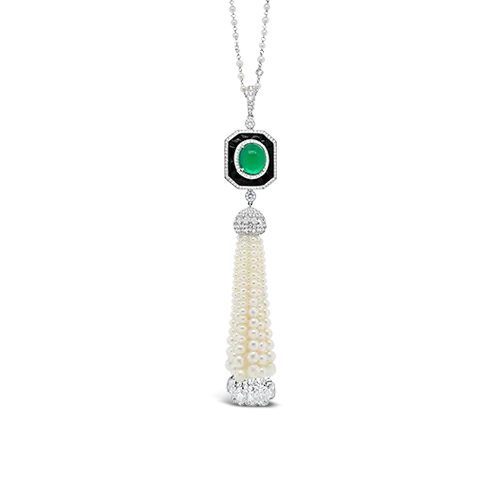 Emerald, Diamond & Pearl Tassel Necklace