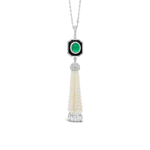 Emerald, Diamond & Pearl Tassel Necklace