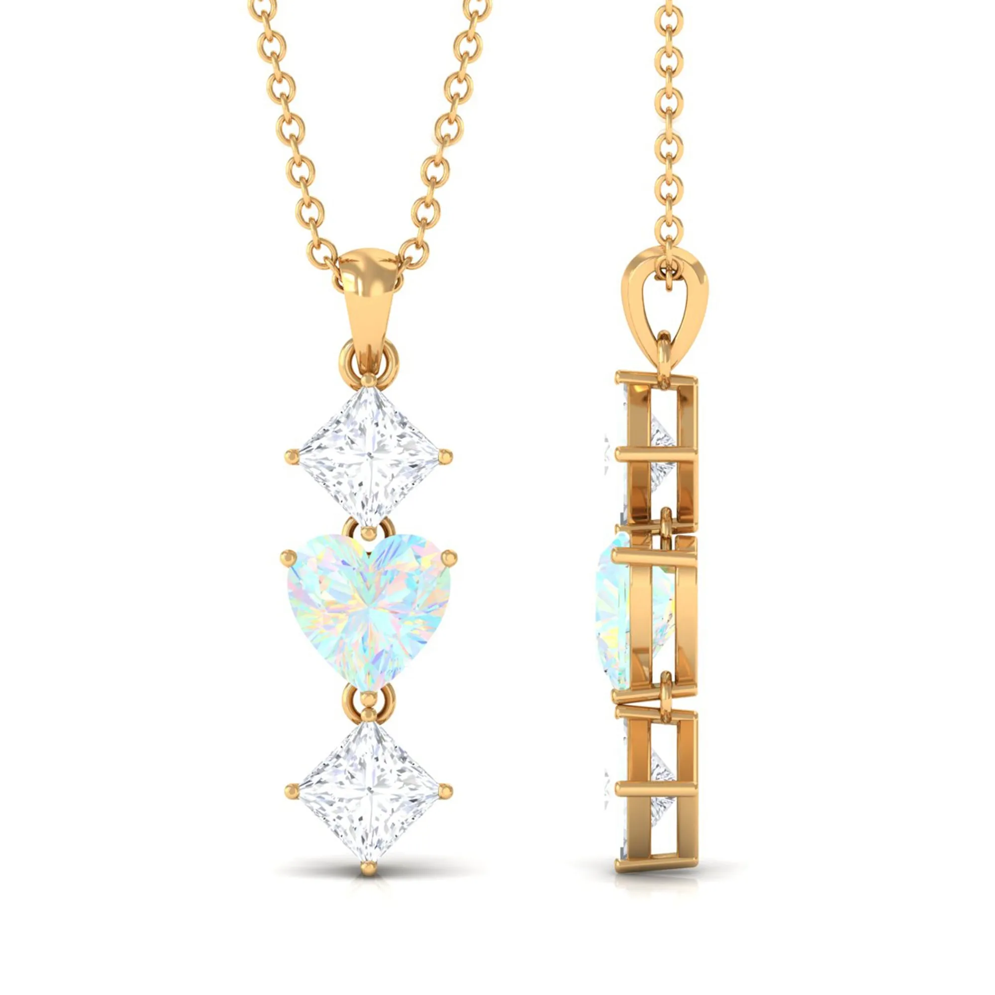 Ethiopian Opal and Moissanite Drop Heart Pendant Necklace