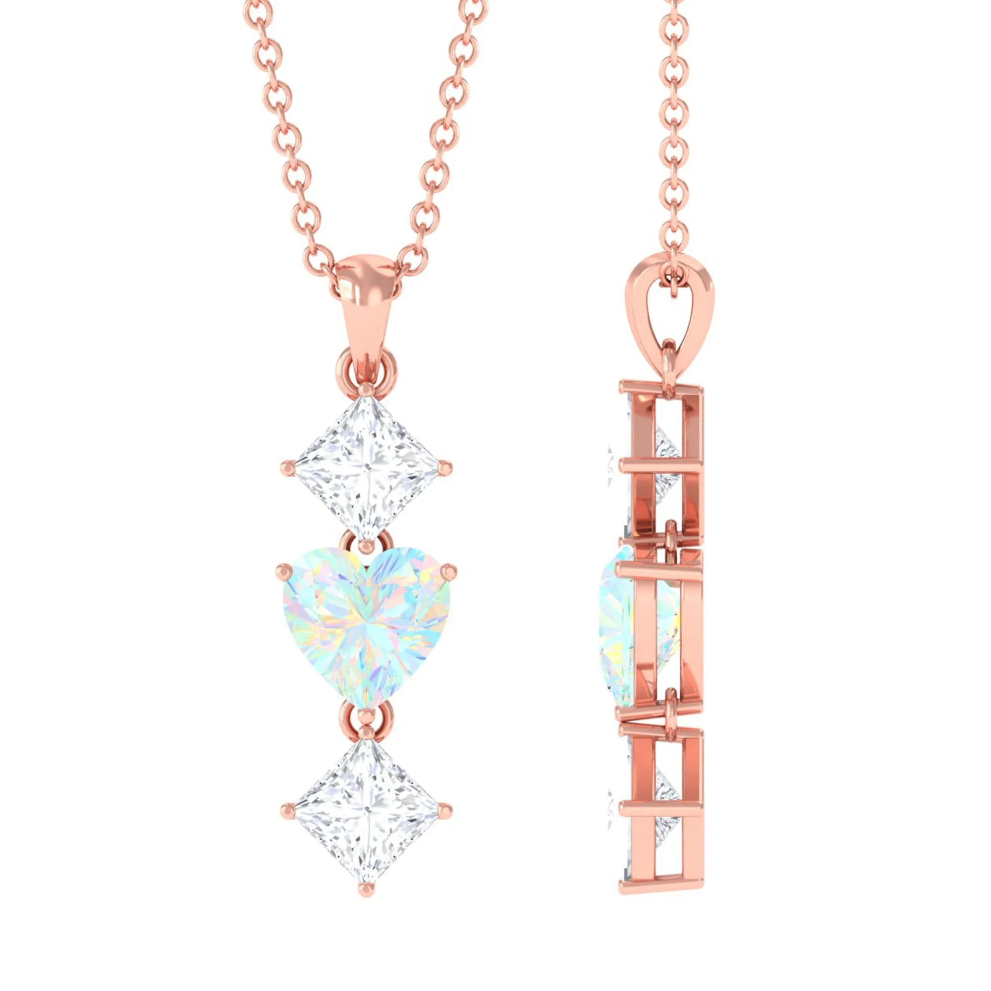 Ethiopian Opal and Moissanite Drop Heart Pendant Necklace