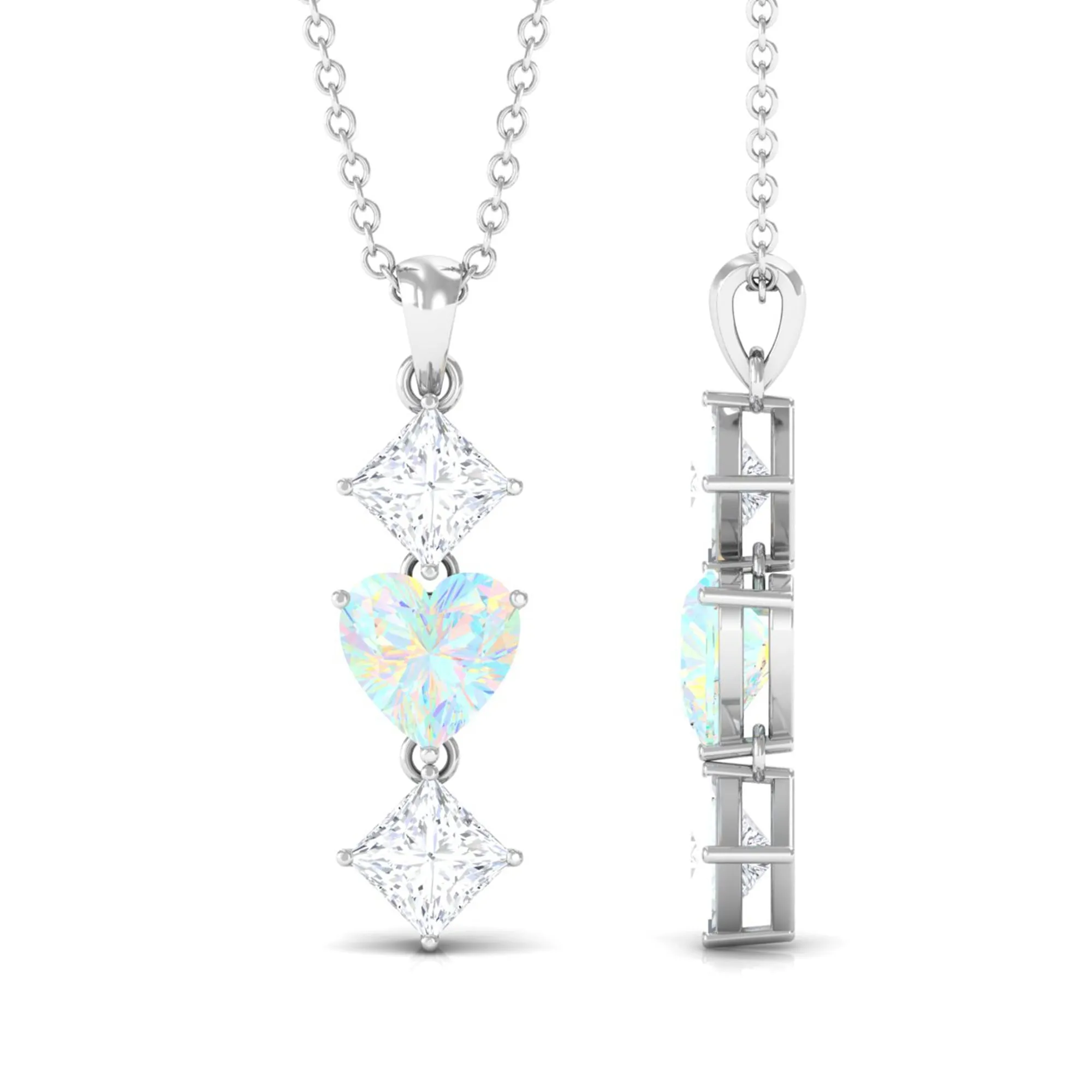 Ethiopian Opal and Moissanite Drop Heart Pendant Necklace