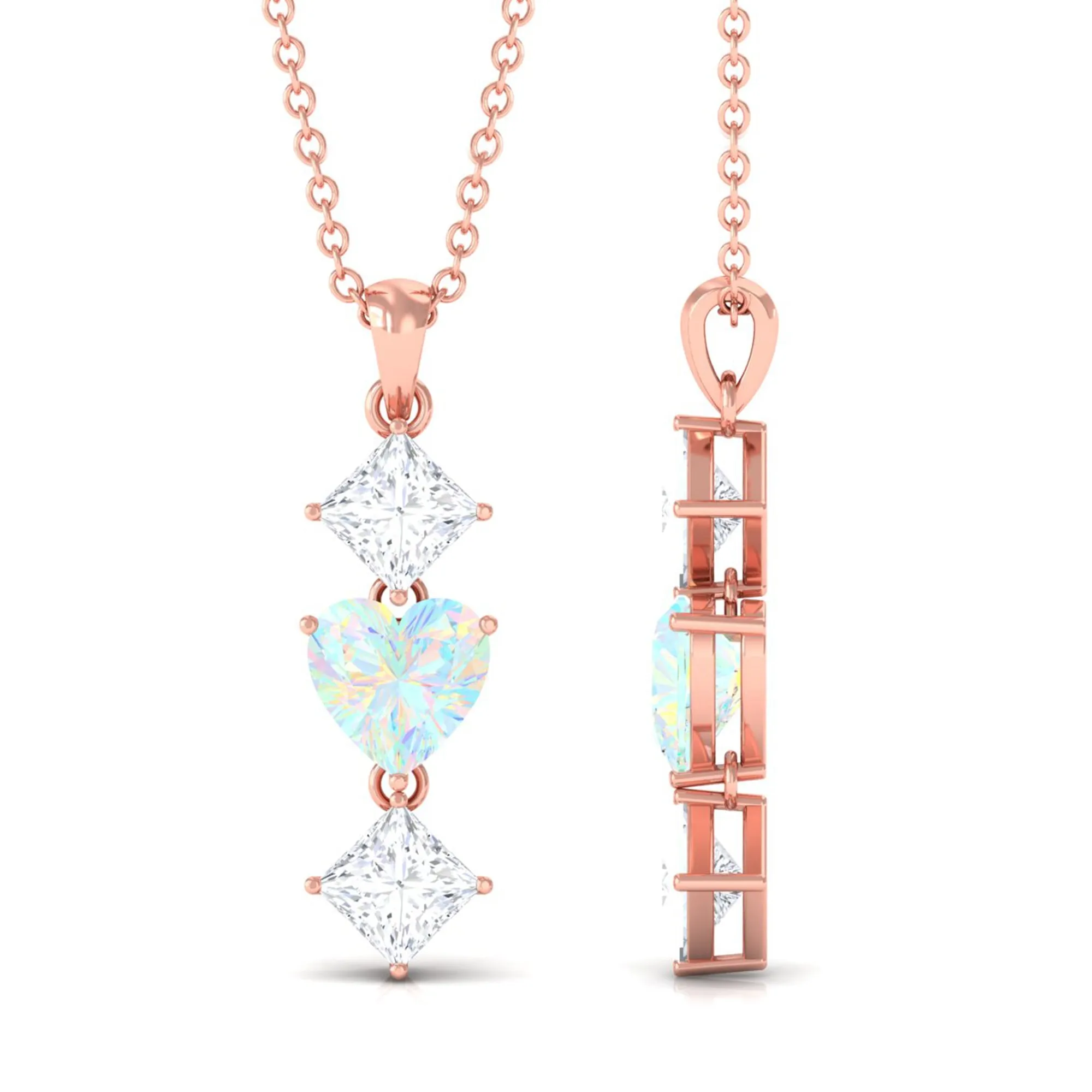 Ethiopian Opal and Moissanite Drop Heart Pendant Necklace