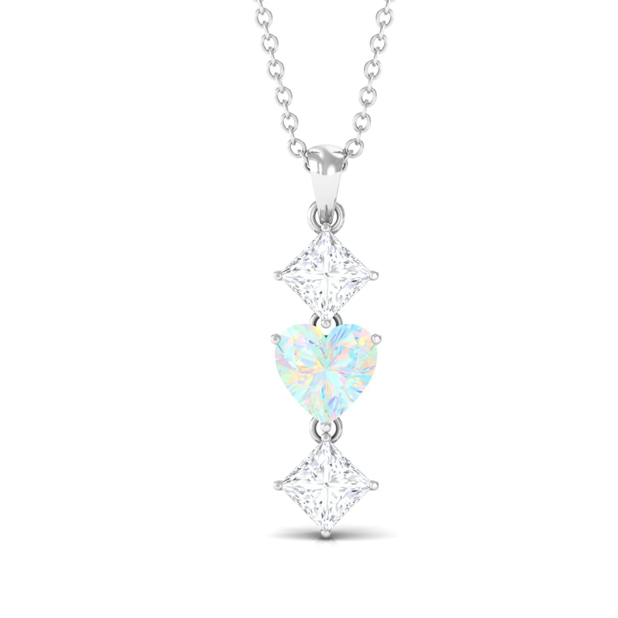 Ethiopian Opal and Moissanite Drop Heart Pendant Necklace