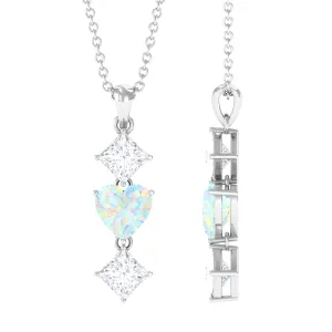 Ethiopian Opal and Moissanite Drop Heart Pendant Necklace
