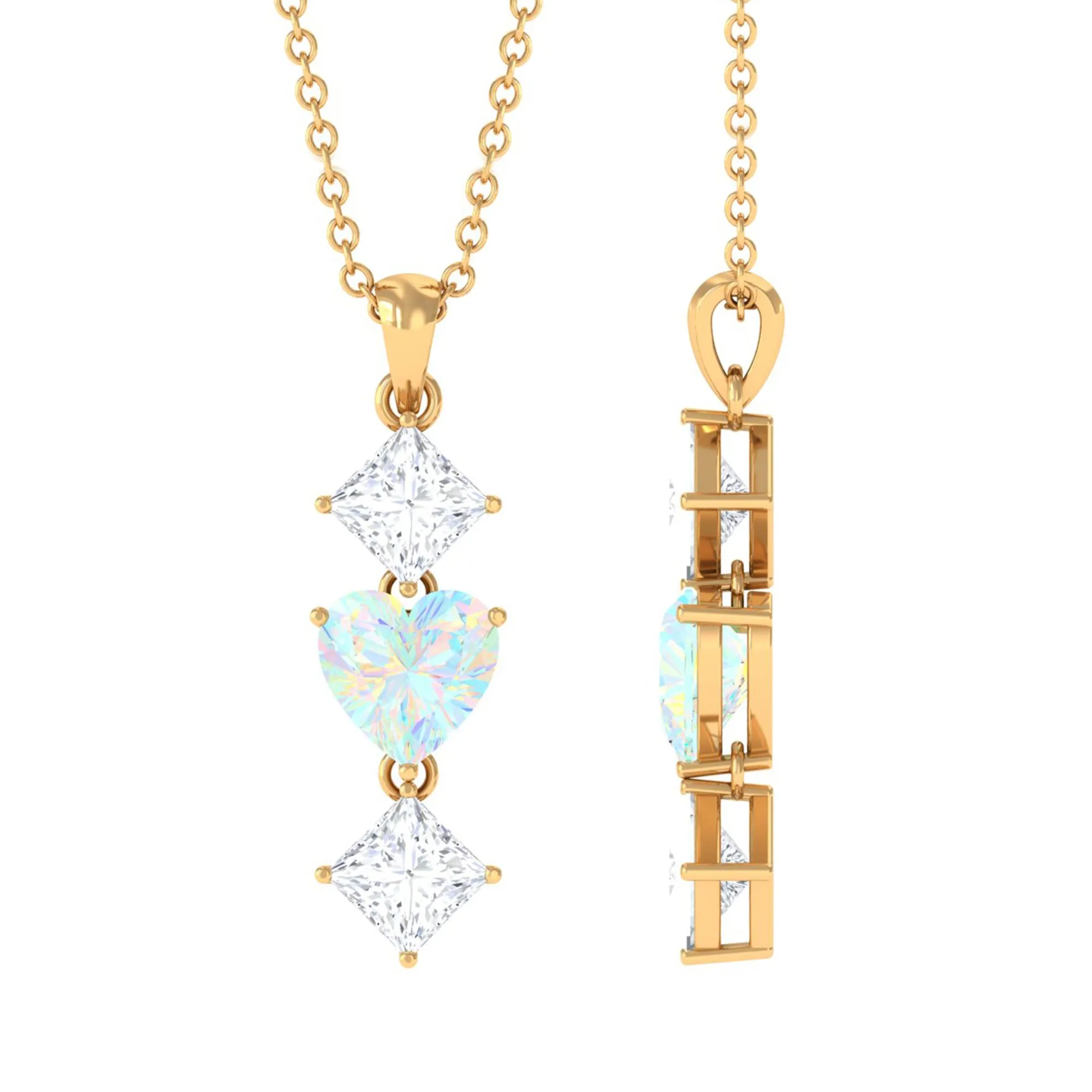 Ethiopian Opal and Moissanite Drop Heart Pendant Necklace