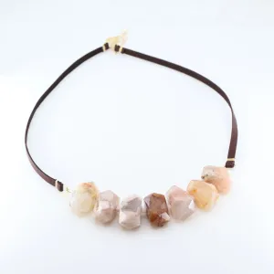 Faceted Cherry Blossom Agate and Leather Statement Necklace