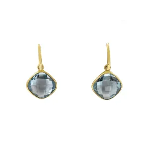 Faceted Cushion Shaped Blue Topaz Drop Earrings - 18ct Yellow Gold