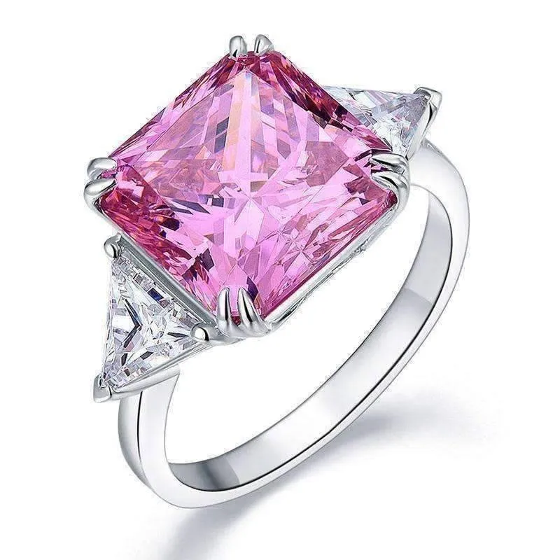 Fancy Pink 8CT Princess Cut Three Stone Sterling Silver Cocktail Ring for Women