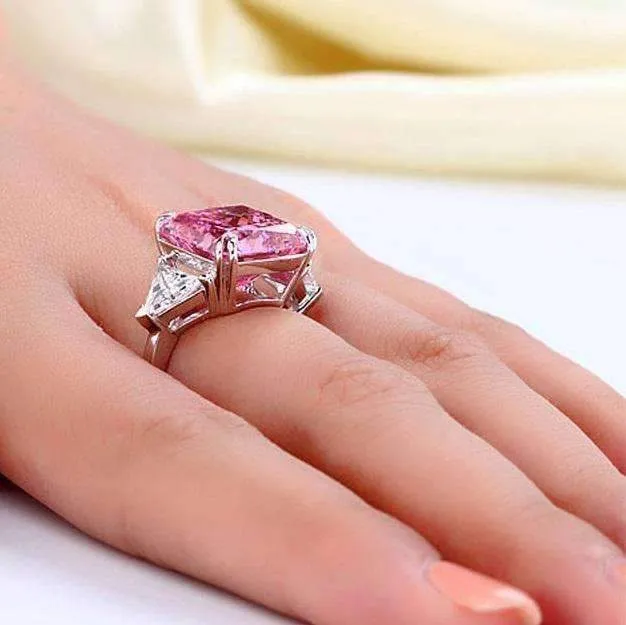 Fancy Pink 8CT Princess Cut Three Stone Sterling Silver Cocktail Ring for Women