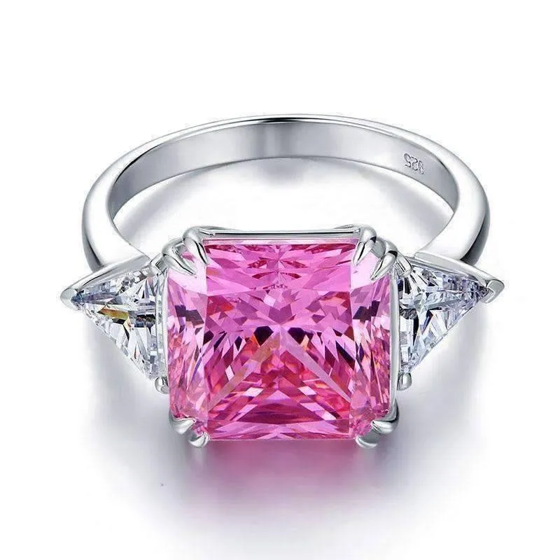Fancy Pink 8CT Princess Cut Three Stone Sterling Silver Cocktail Ring for Women