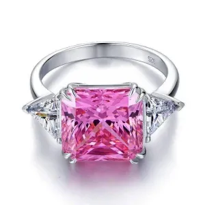 Fancy Pink 8CT Princess Cut Three Stone Sterling Silver Cocktail Ring for Women