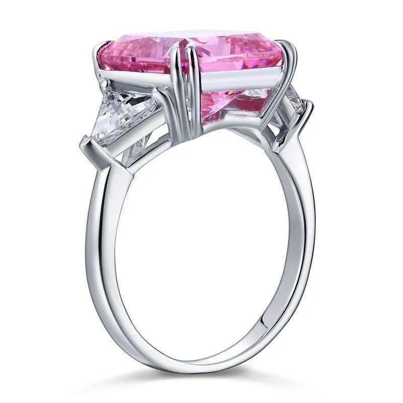 Fancy Pink 8CT Princess Cut Three Stone Sterling Silver Cocktail Ring for Women