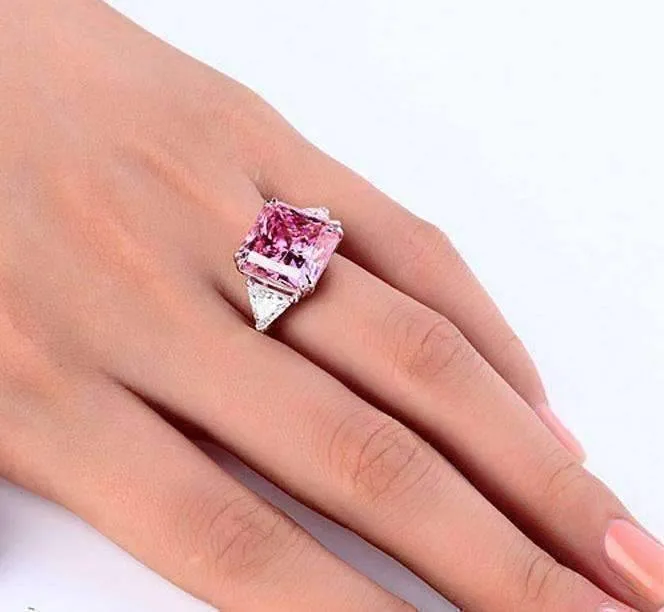 Fancy Pink 8CT Princess Cut Three Stone Sterling Silver Cocktail Ring for Women
