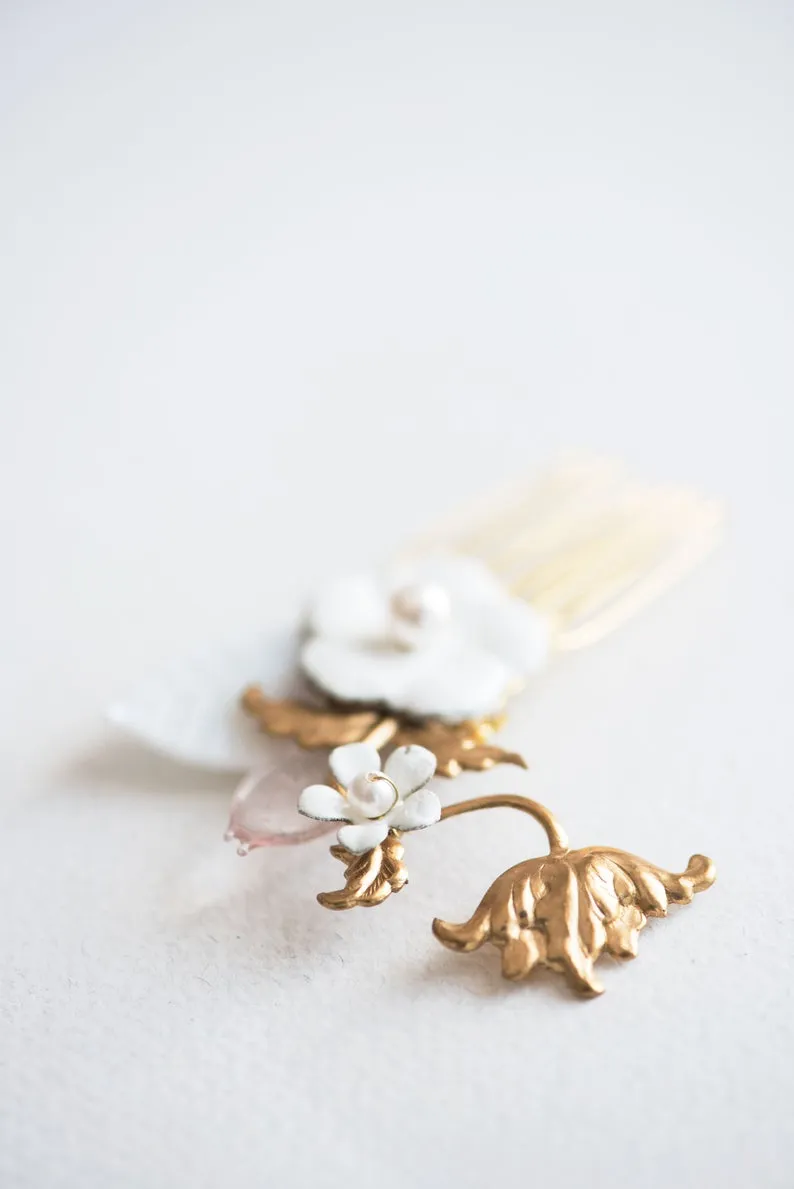 Floral hair comb with enameled flowers