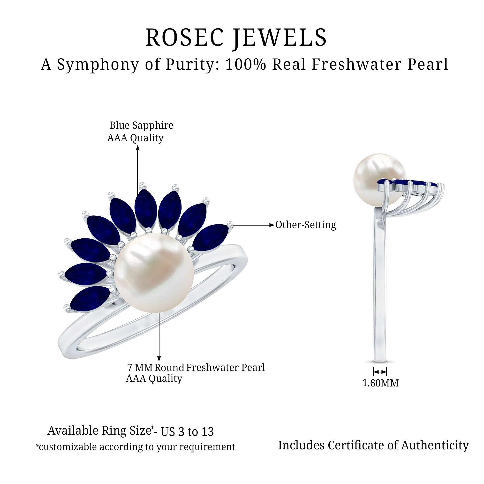 Freshwater Cultured Pearl Floral Inspired Cocktail Ring with Blue Sapphire