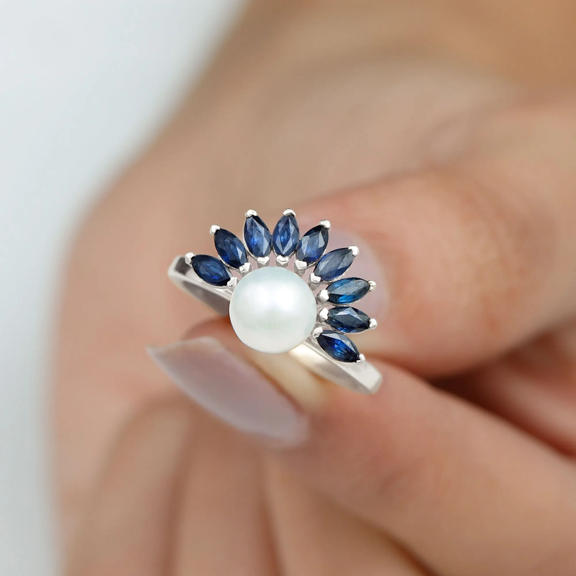 Freshwater Cultured Pearl Floral Inspired Cocktail Ring with Blue Sapphire