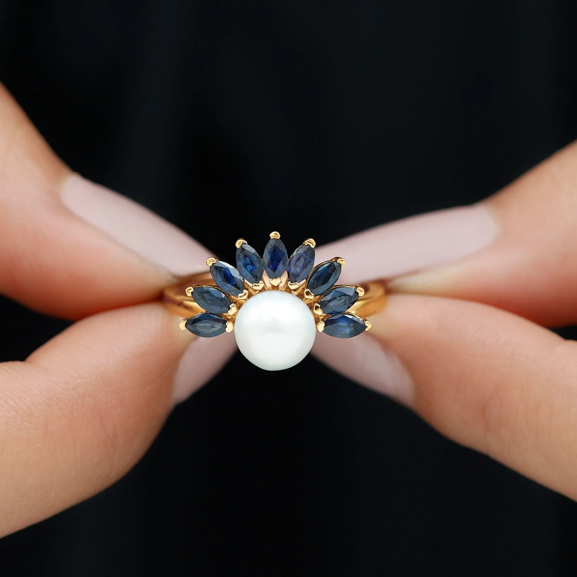 Freshwater Cultured Pearl Floral Inspired Cocktail Ring with Blue Sapphire