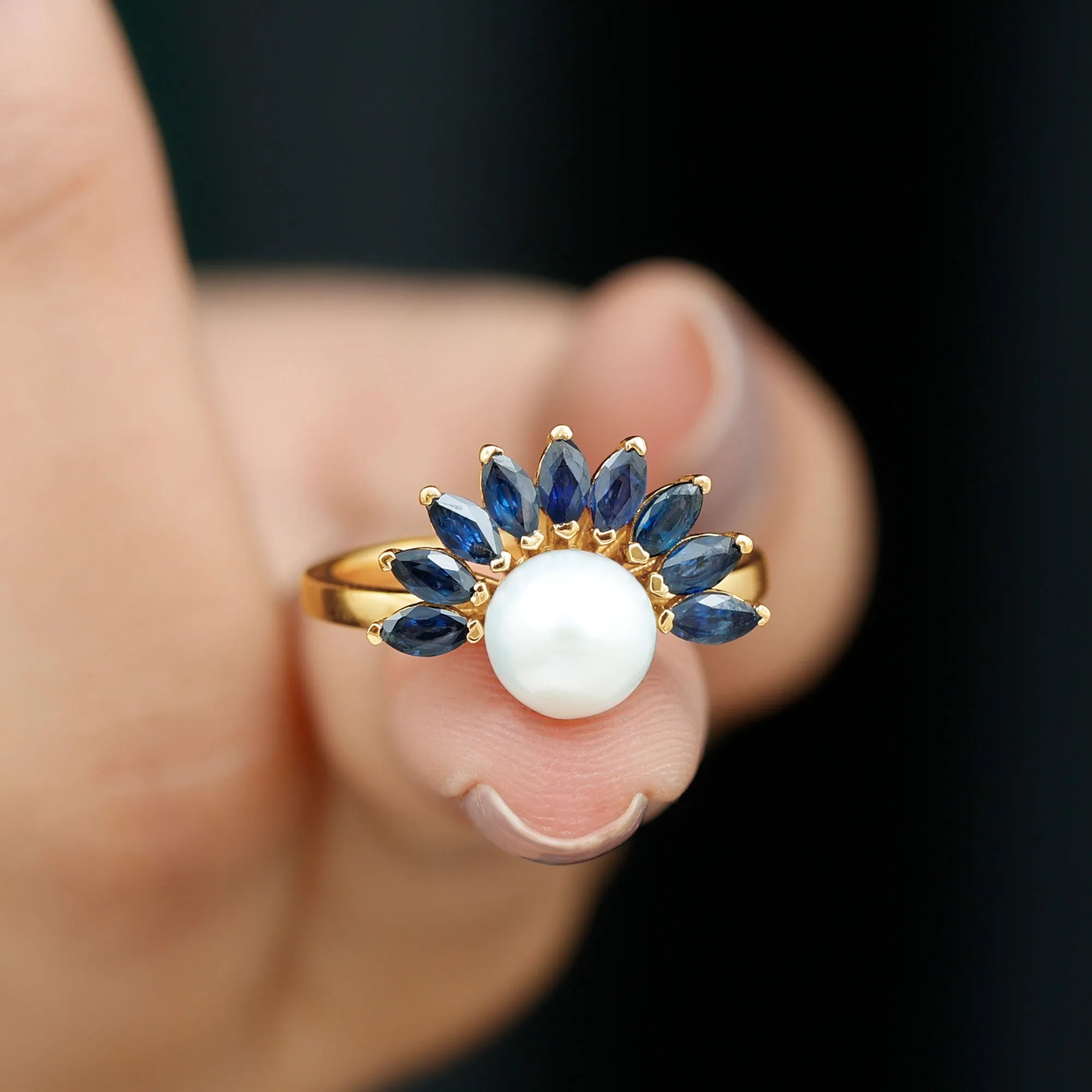 Freshwater Cultured Pearl Floral Inspired Cocktail Ring with Blue Sapphire